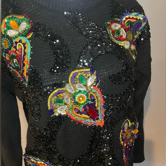 Vintage Western Connection Sequin Beaded Heart Sweater Black Ramie Cotton Size S - Picture 10 of 10